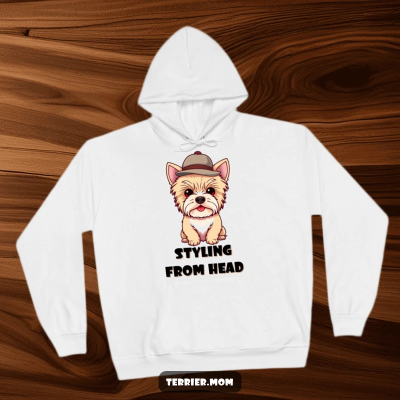 Funny Kawaii Terrier Dog Hoodie showcasing a cute dog wearing a small, jaunty hat, warm and fashionable.