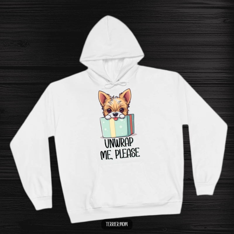 Funny hoodie with a mischievous Terrier dog peeking out of a gift box, full of playful energy.