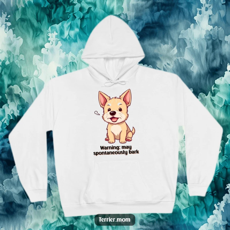 Funny terrier hoodie depicting a happy dog barking from a speech bubble, offering warmth and a humorous, playful vibe for a funny gift.