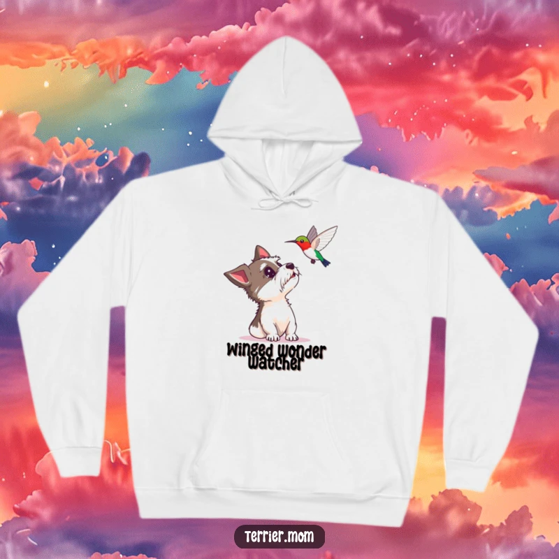 Funny hoodie depicting a terrier with eyes wide in delighted surprise, looking up at a hovering hummingbird, a cozy and humorous wearable.