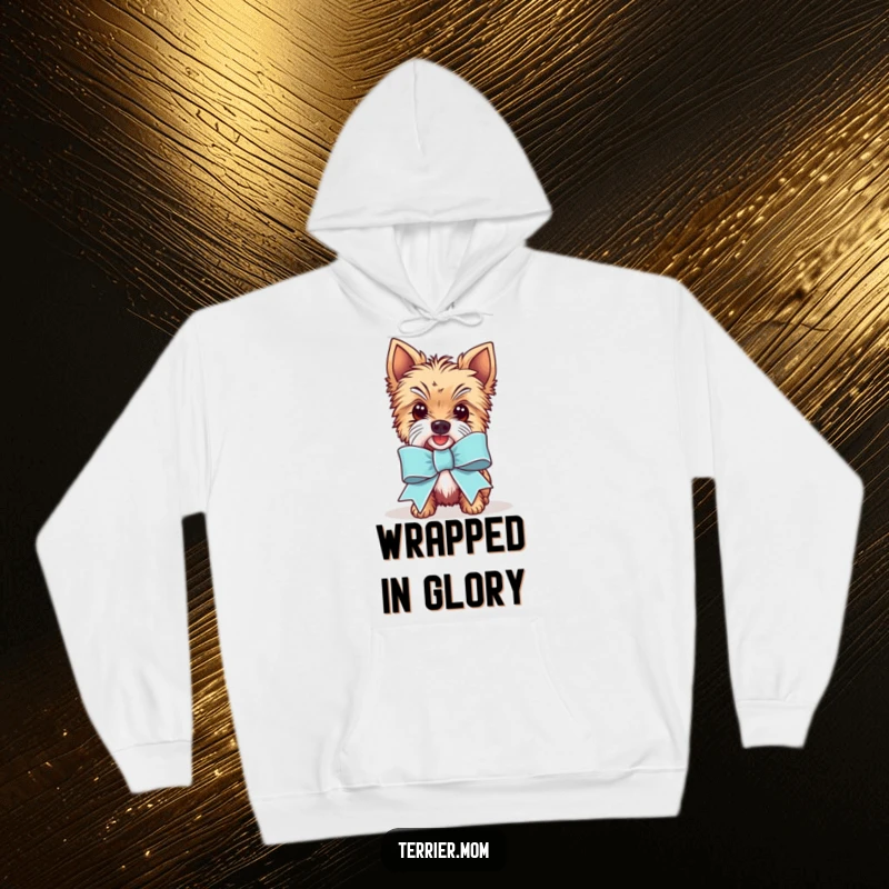 Funny Kawaii Terrier dog hoodie, depicting the adorable pup wearing a ridiculously large and festive ribbon, radiating warmth and celebration.