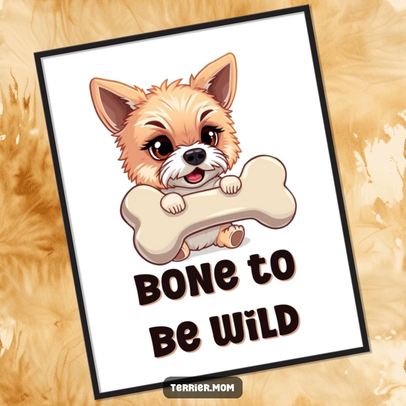 Funny Free Printable Wall Art: Mischievous terrier artistically posing with an oversized bone, ready to charm.
