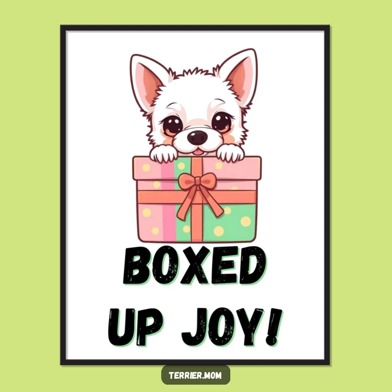 Free Printable Kawaii Terrier Wall Art - Pup in Gift Box Downloadable Decor