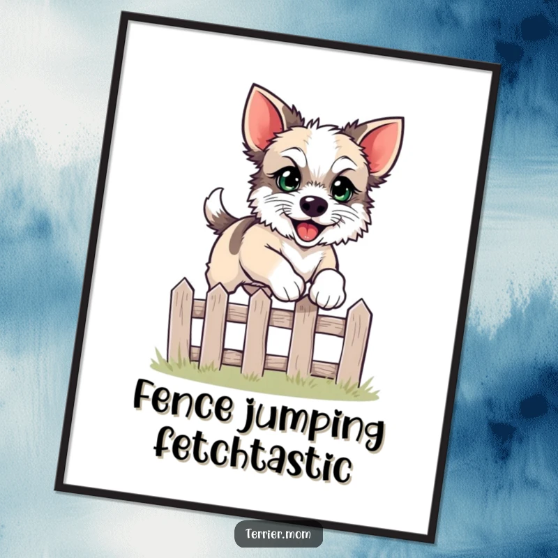 Funny Free Printable Wall Art: A terrier with bright eyes joyfully mid-leap over a small fence.