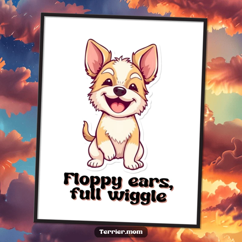 Funny Free Printable Wall Art: A terrier with floppy ears is captured mid-wiggle, full of excitement, downloadable.