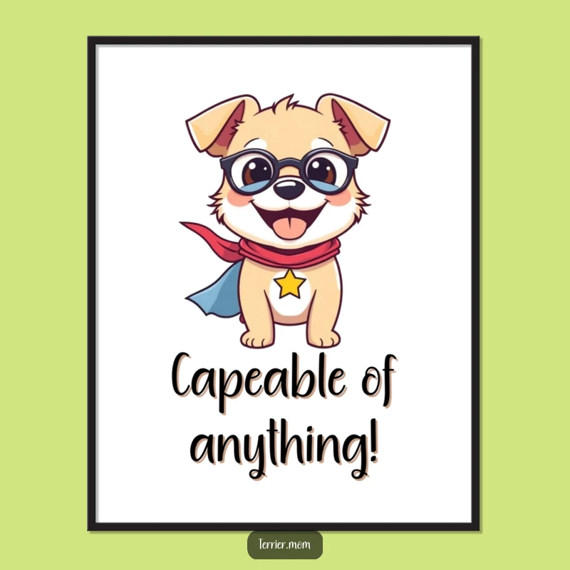 Free Printable Terrier Superhero Wall Art - Smiling Dog with Cape Downloadable Decor