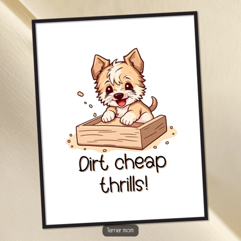 Funny Free Printable Wall Art capturing a terrier joyfully digging in a sandbox, with happy dirt flying around.