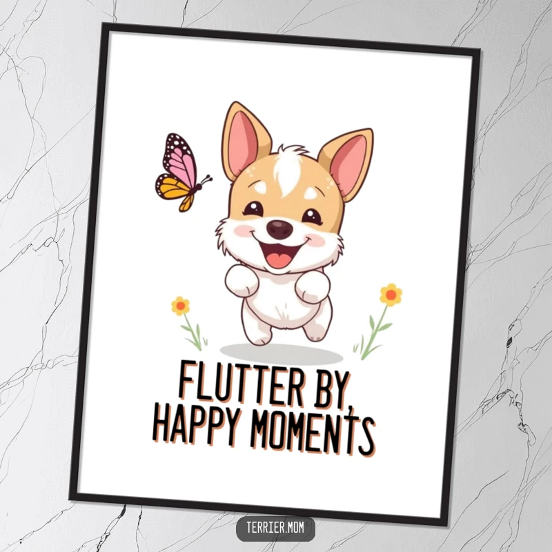 Funny Free Printable Wall Art: An excited terrier gleefully chasing a butterfly, capturing a moment of pure, happy exploration.