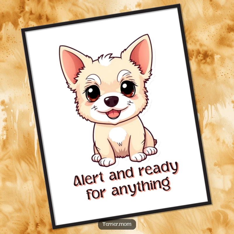 Funny Free Printable Wall Art: Alert Kawaii Terrier dog with perky ears, radiating happiness, delightful decor