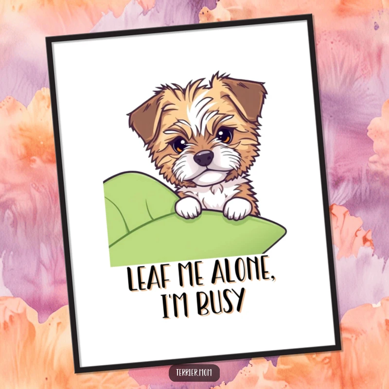 Funny Free Printable Wall Art: Dog with tousled fur peeking curiously from behind a large leaf, whimsical decor.