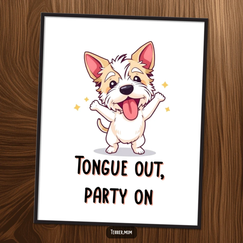 Funny Free Printable Wall Art: A terrier in full, ecstatic dance mode, tongue lolling out in a frenzy of movement.