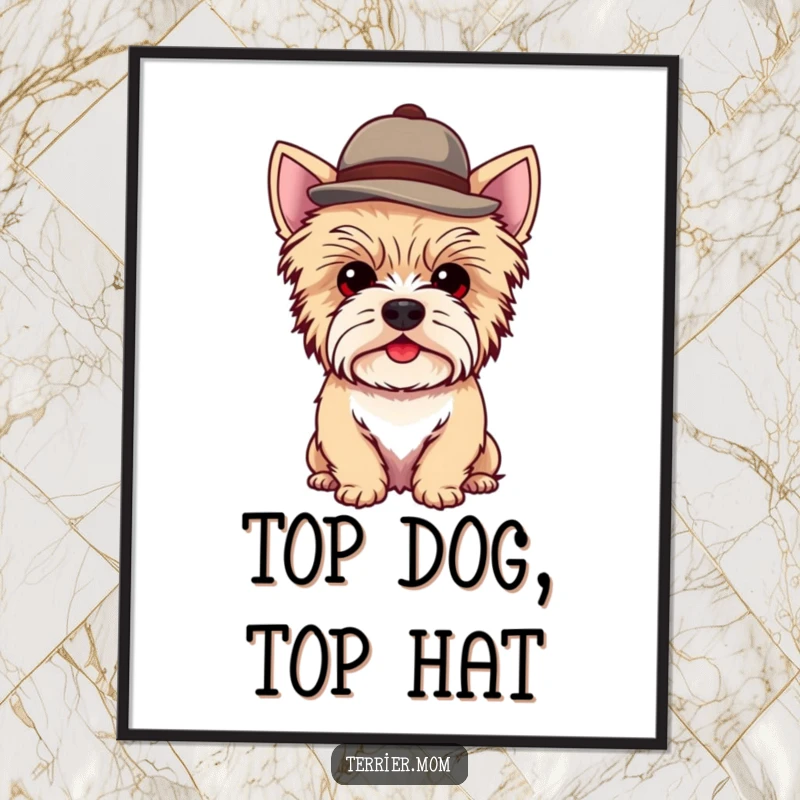 Funny Free Printable Wall Art: Kawaii Terrier dog looking dapper and sophisticated in a tiny, jaunty hat.