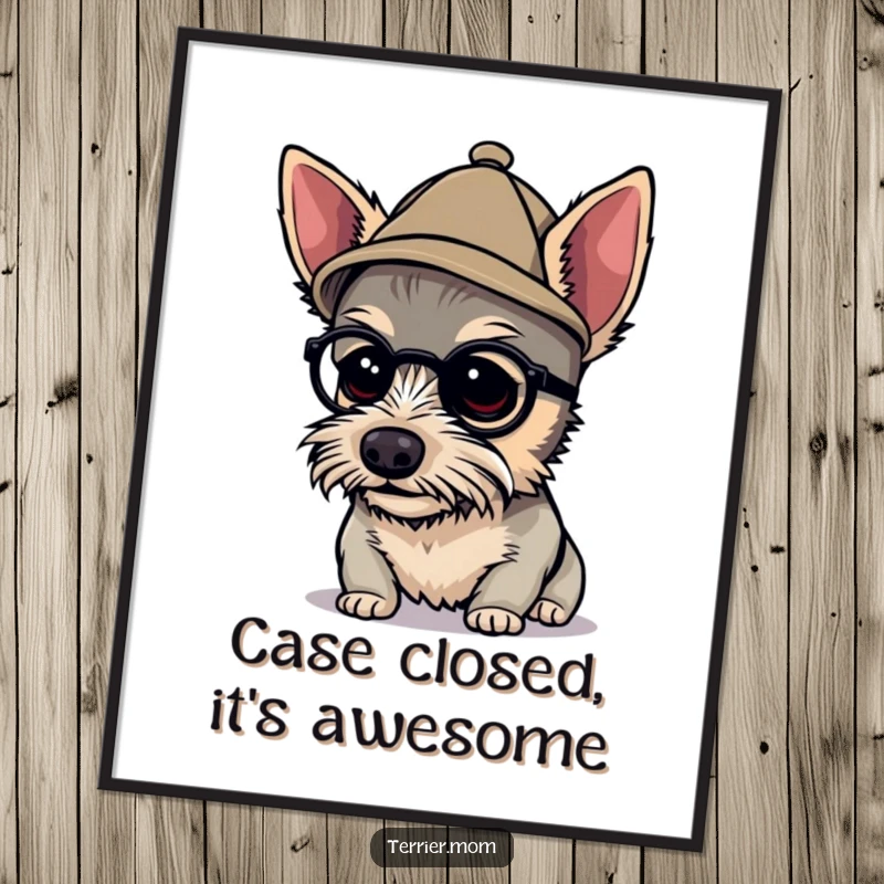 Funny free printable wall art: A terrier in a tiny detective hat peering closely, investigating the world around.