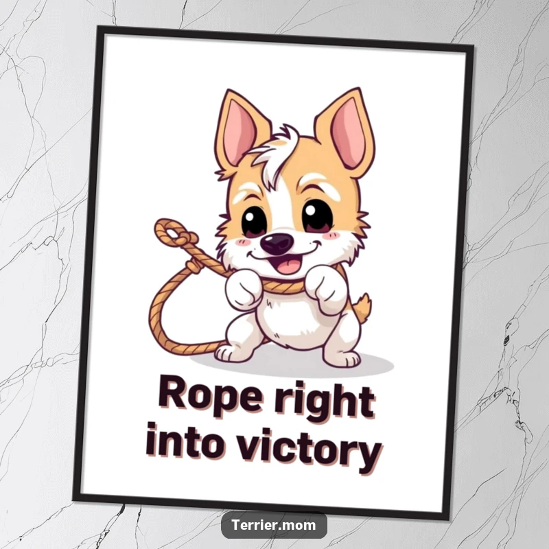 Funny Free Printable Wall Art: A terrier with a happy, determined expression, vigorously pulling on a rope.