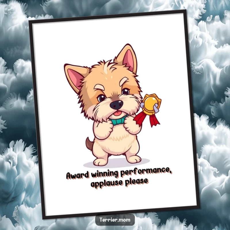 Funny Free Printable Wall Art: Terrier dramatically bowing after receiving imaginary award, full of theatrical flair