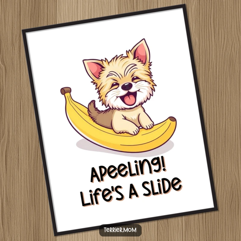 Funny Free Printable Wall Art: A joyful Terrier dog laughs while sliding down a banana peel, perfect for comedic wall decor.