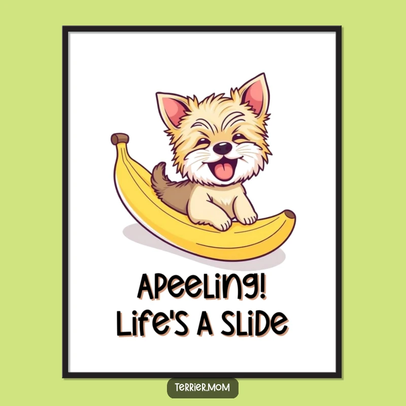 Free Printable Wall Art: Giggling Terrier Dog Banana Peel Slide Funny Downloadable Decor