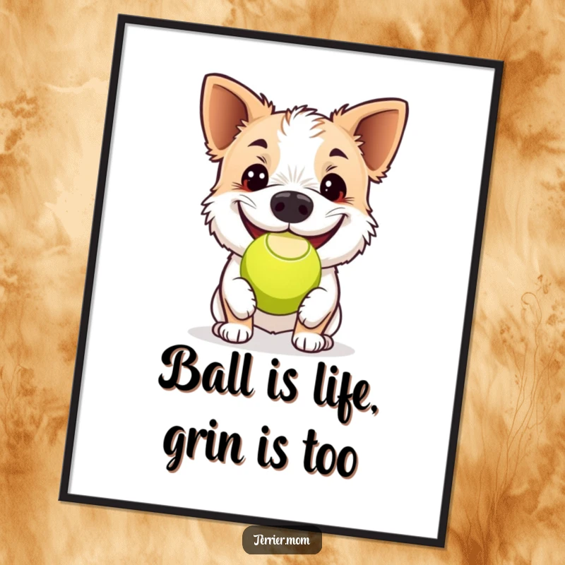 Funny Free Printable Wall Art: Terrier with a huge grin expertly bouncing a tennis ball with its nose