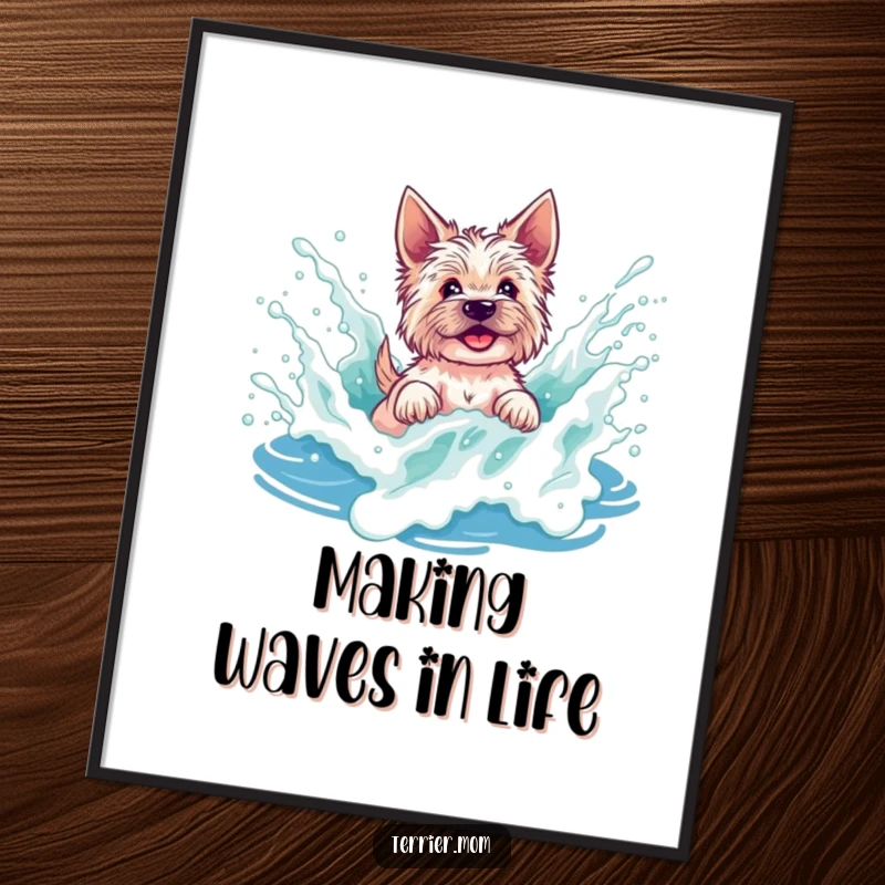 Funny Free Printable Wall Art: A terrier energetically splashes and plays in a vibrant, foamy ocean wave.