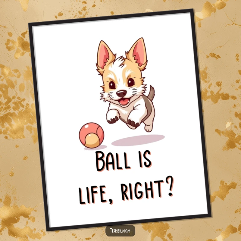 Funny Free Printable Wall Art: A kawaii terrier with perky ears excitedly chases a bright red bouncing ball across a field.