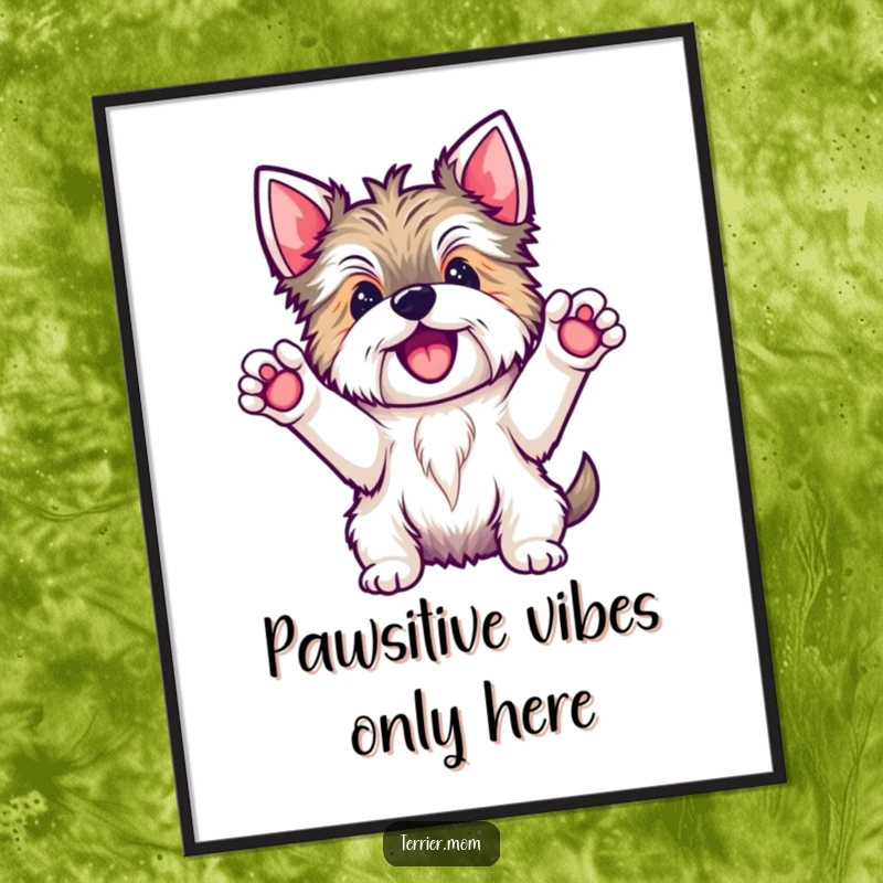 Funny Free Printable Wall Art of a Kawaii Terrier dog striking a triumphant pose with paws up, celebrating.
