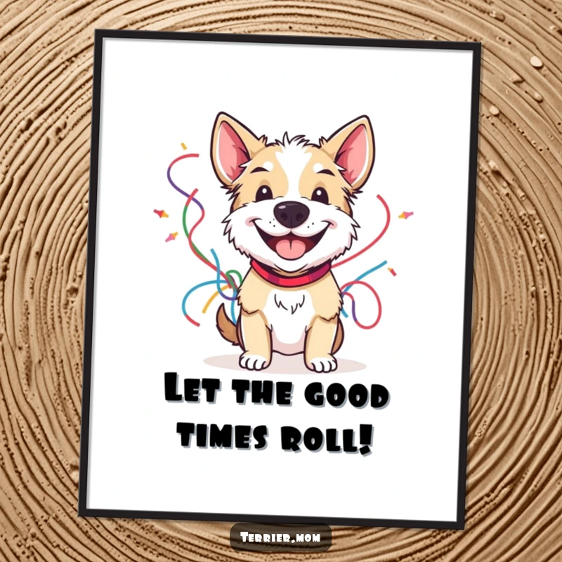Funny Free Printable Wall Art: A terrier with an infectious grin holds a large bouquet of colorful party streamers, exuding pure joy.