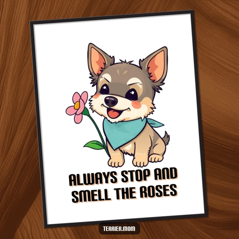 Funny free printable wall art showing a happy terrier dog in a bandana sniffing a bright flower. Whimsical and cute.