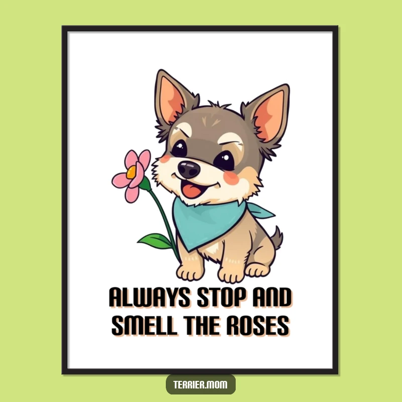 Funny Free Printable Wall Art: Happy Terrier Sniffing Flower, Hilarious Doggy Decor