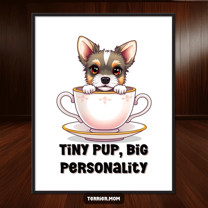 Funny free printable wall art of a terrier with bright eyes peeking from a miniature teacup. Whimsical and delightful.
