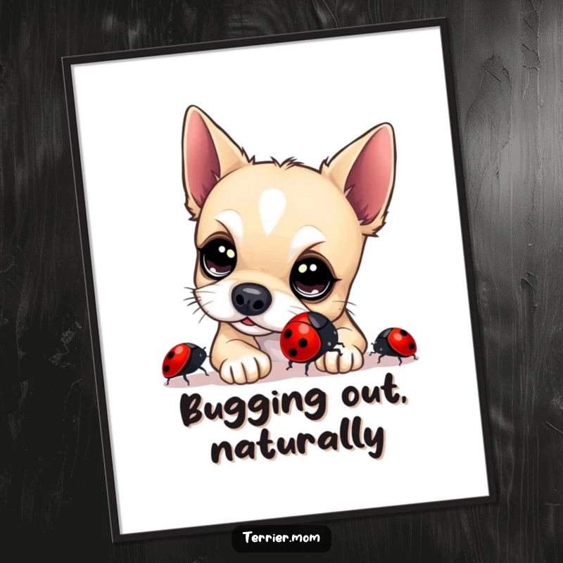 Funny Free Printable Wall Art: A terrier with bright eyes curiously inspecting a small shiny ladybug, delightful dog illustration.