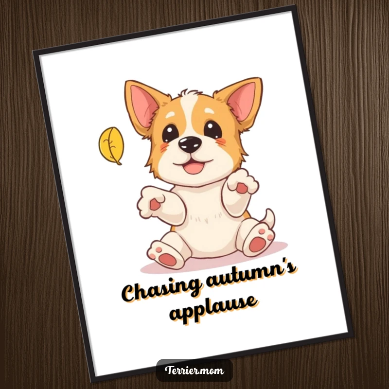 Funny Free Printable Wall Art: A terrier joyfully trying to catch a falling leaf with its paws outstretched, playful dog art.