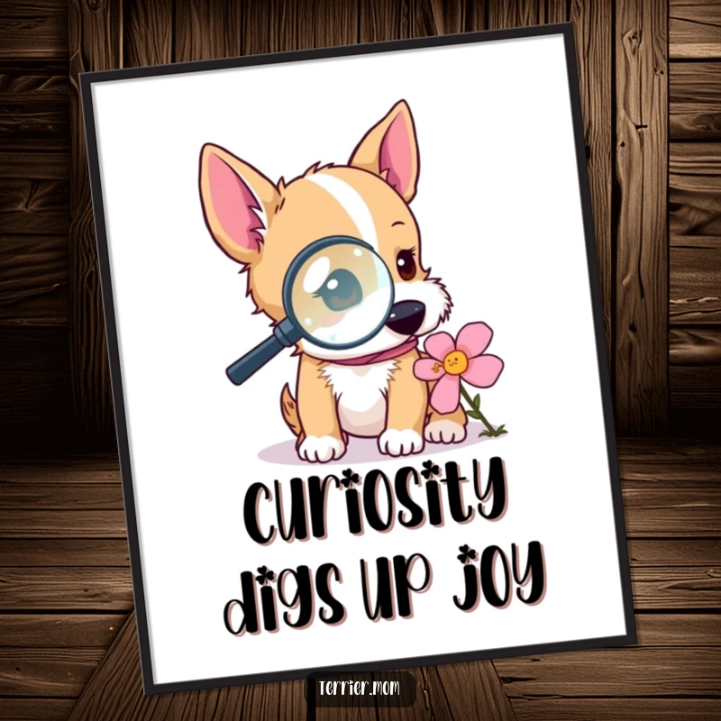 Funny Free Printable Wall Art: A terrier with a magnifying glass intently examining the details of a small flower.