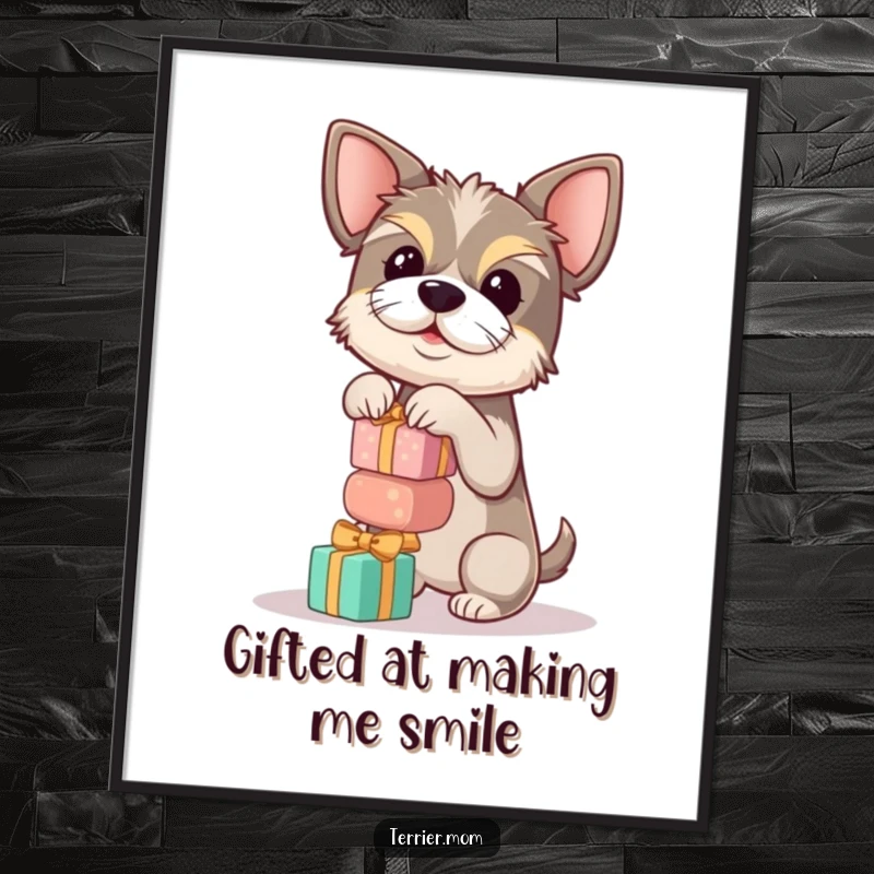 Funny Free Printable Wall Art: A terrier intently balances a remarkably tall, precarious stack of small, round gift boxes.