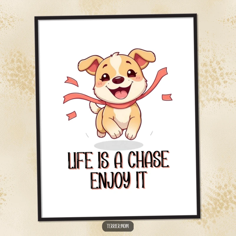 Funny Free Printable Wall Art: A lively dog with a joyful expression chasing a fluttering ribbon, whimsical decor.