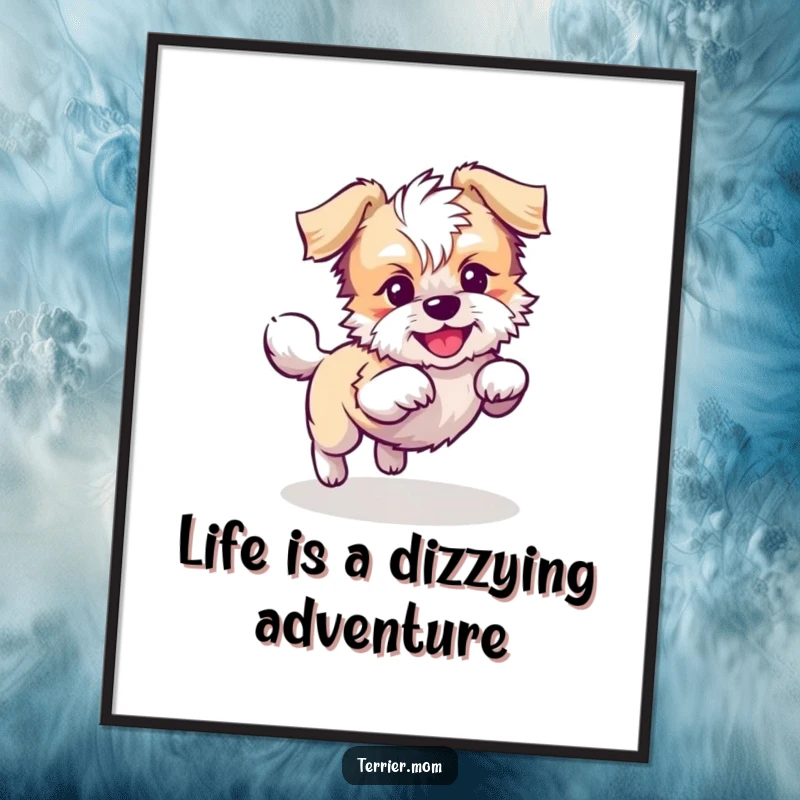 Funny Free Printable Wall Art: Playful Kawaii Terrier dog chasing its tail in circles, captured in motion, energetic decor