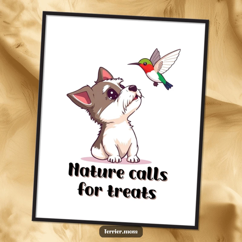 Funny Free Printable Wall Art: A terrier with wide, delighted eyes stares up at a small hovering hummingbird, creating a humorous scene.