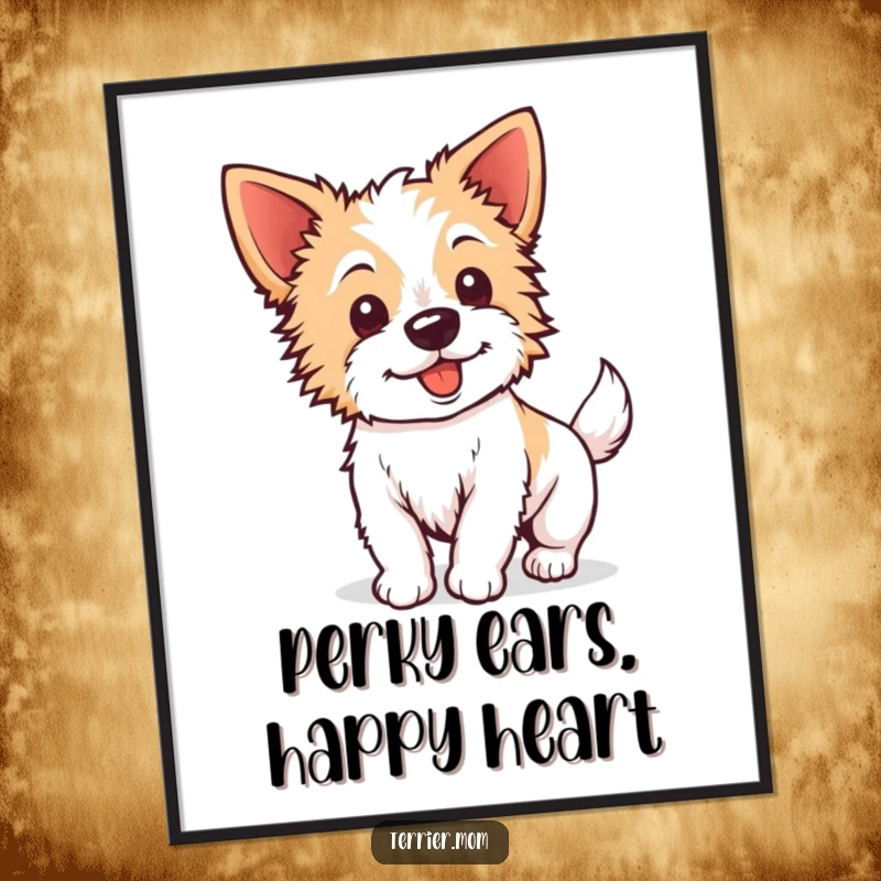 Funny Free Printable Wall Art: Kawaii terrier with perky ears, tail wagging energetically, lively downloadable decor.