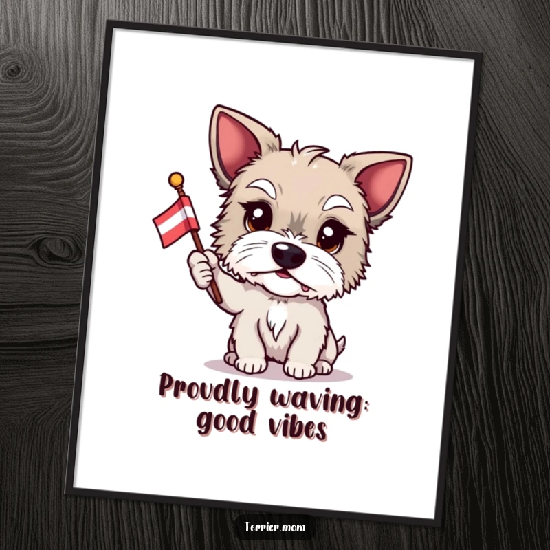 Funny Free Printable Wall Art: A terrier holding a small flag and waving it with pride, full of spirit.