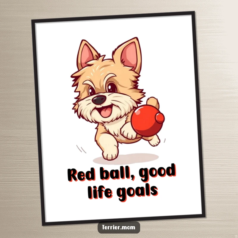 Funny Free Printable Wall Art: Scruffy dog with alert ears excitedly chasing a rolling red sphere, energetic decor.