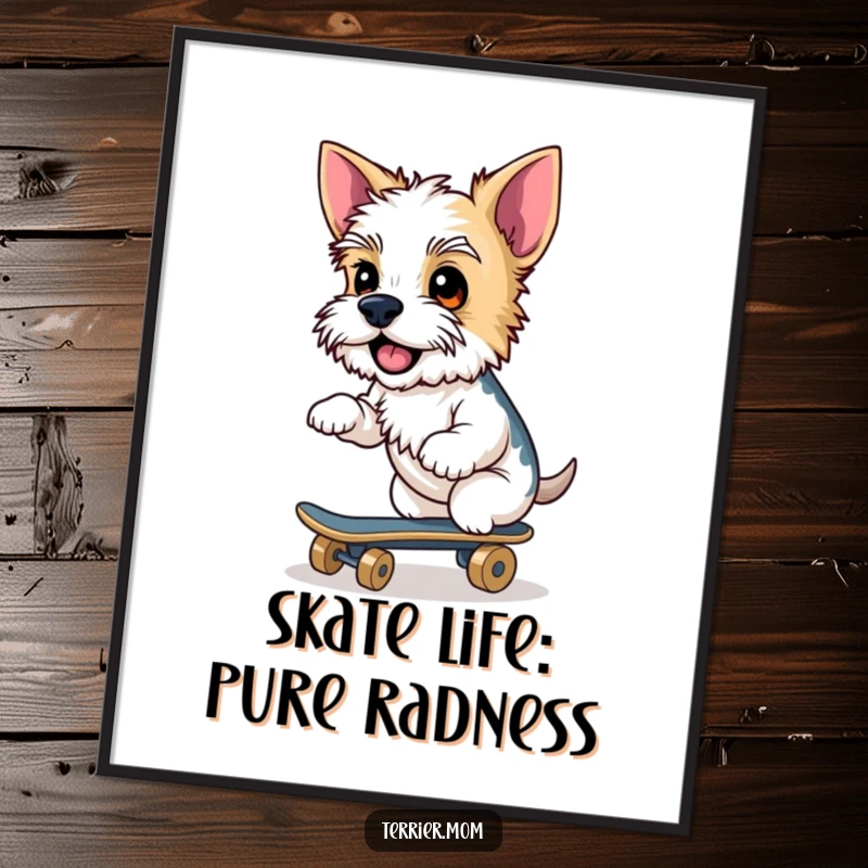 Funny Free Printable Wall Art: A terrier with a huge, cheeky grin riding a small skateboard, looking cool.
