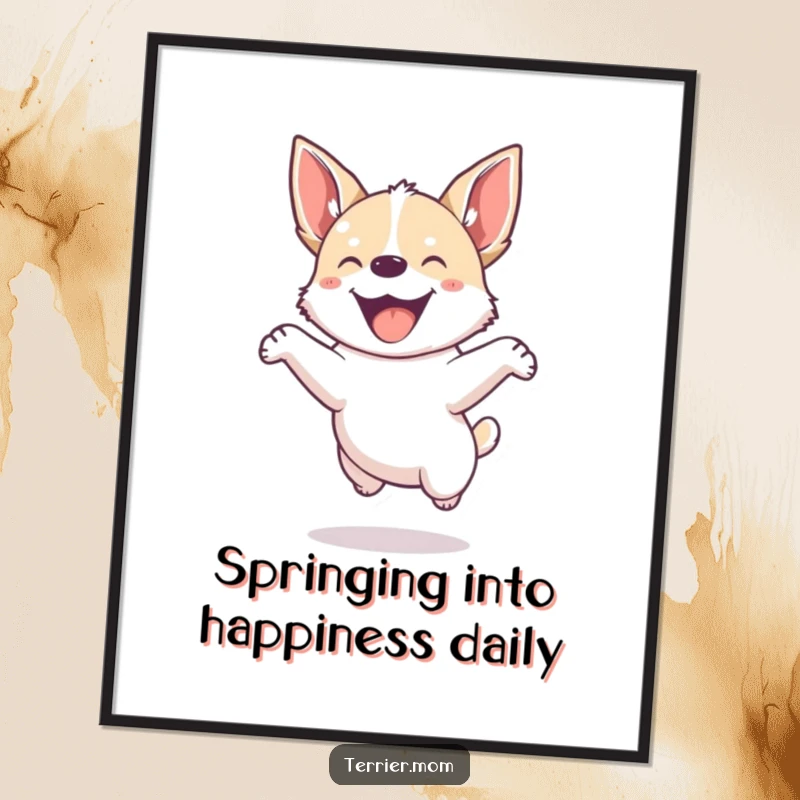 Funny Free Printable Wall Art: Small energetic dog with pointed ears energetically jumping with pure joy, vibrant decor.