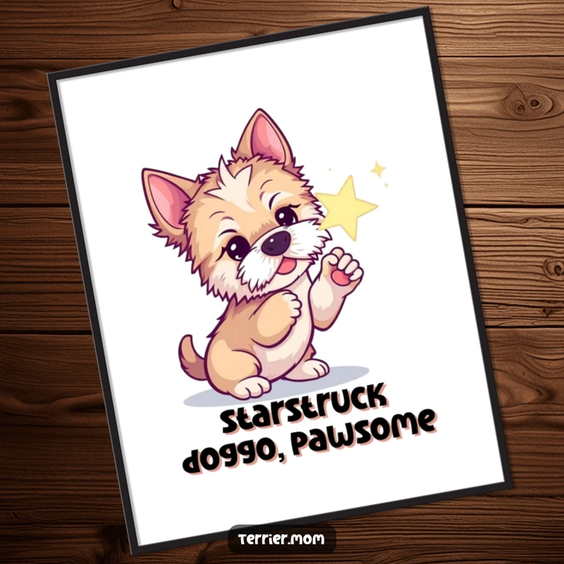 Free printable wall art: A curious Terrier dog playfully pokes a shimmering, sparkling star with its inquisitive paw.