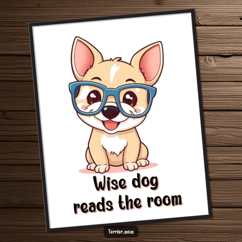 Funny free printable wall art depicting a terrier with oversized reading glasses on, smiling playfully. Intellectual and cute.