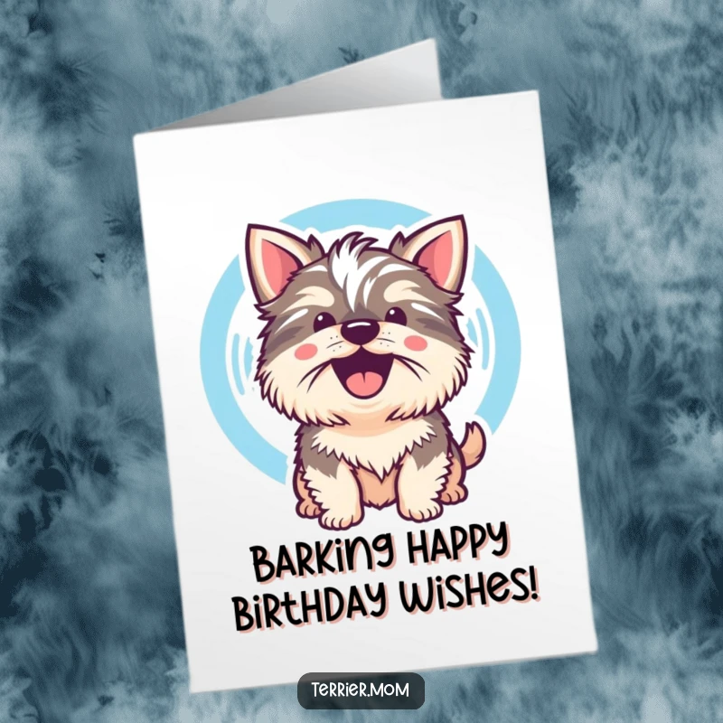Funny Free Printable Birthday Card: Kawaii Terrier dog mid-bark, with a vibrant sound wave graphic.