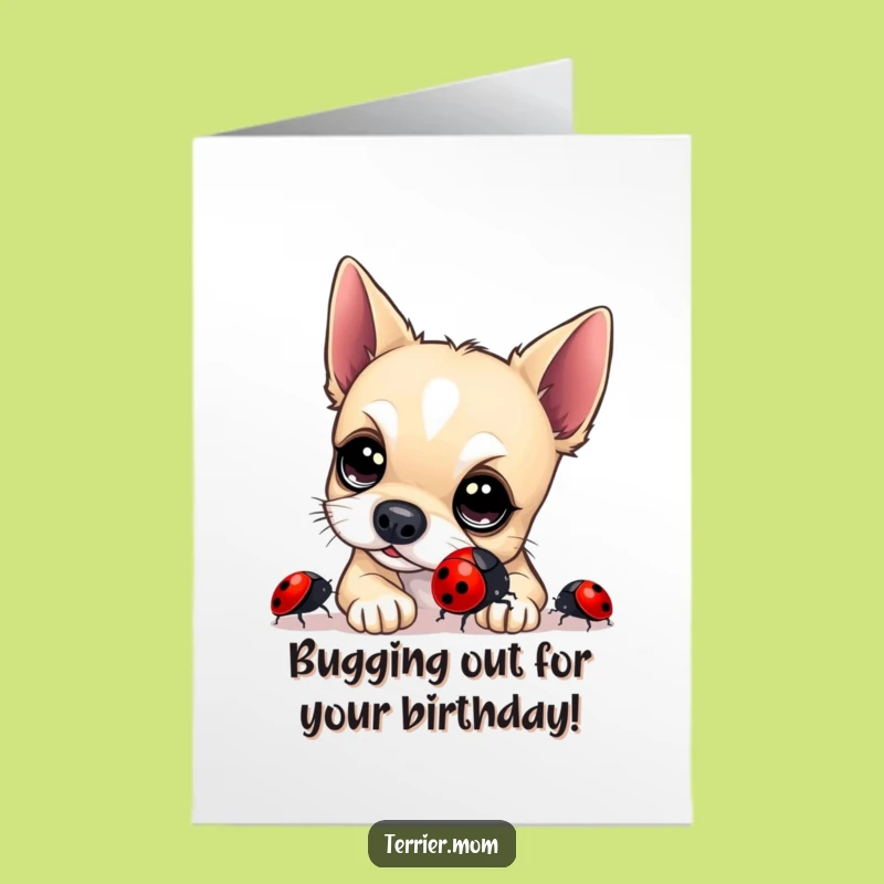 Free Printable Birthday Card: Funny Terrier Spotting Ladybug, Adorable Dog Downloadable Gift