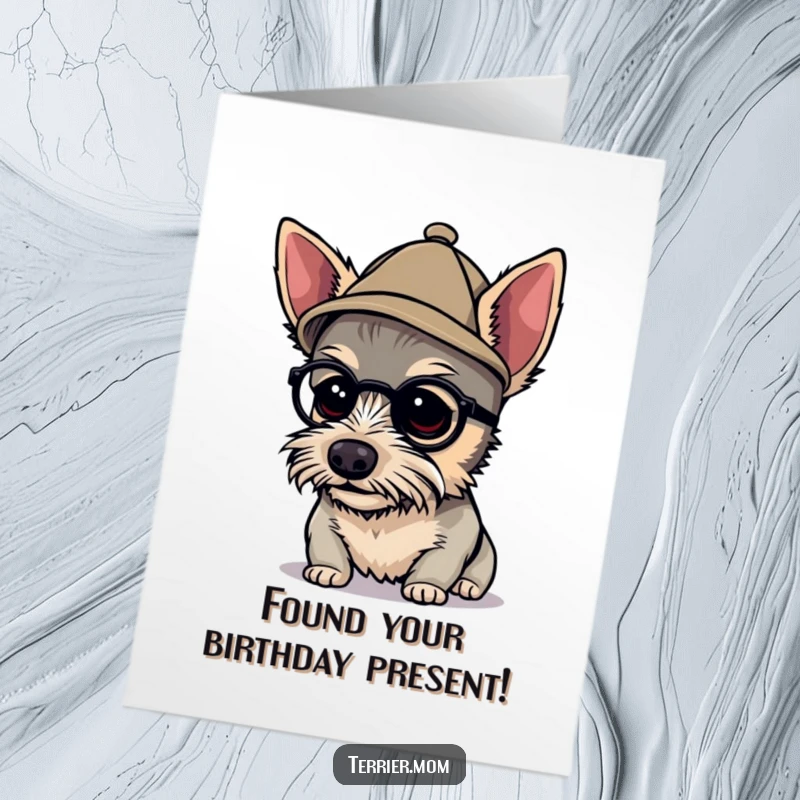 Funny free printable birthday card: A terrier in a tiny detective hat peering closely, searching for birthday fun.