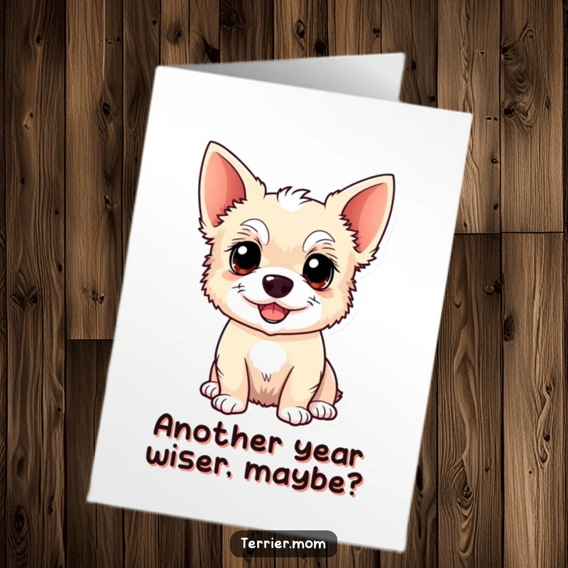 Free Printable Birthday Card: Alert Kawaii Terrier dog with perky ears, wagging tail, pure birthday bliss