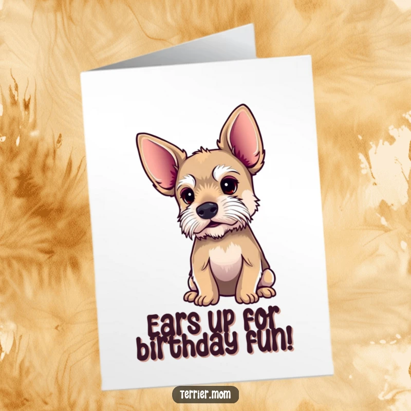 Funny Free Printable Birthday Card: A terrier with comically large ears tilted, listening intently to secret birthday plans.