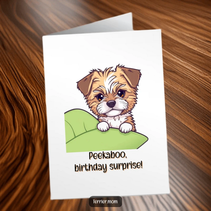 Funny Free Printable Birthday Card: Tousled dog peeking curiously from behind a large green leaf, birthday surprise.
