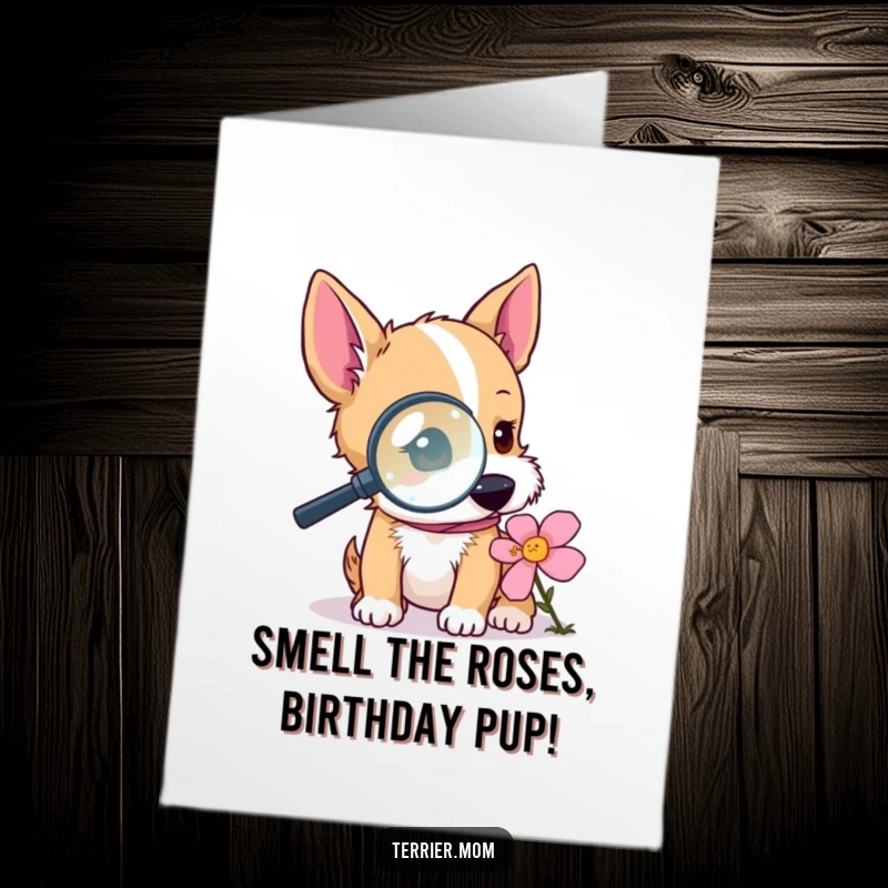 Funny Free Printable Birthday Card: A terrier with a magnifying glass intently studying a tiny flower.